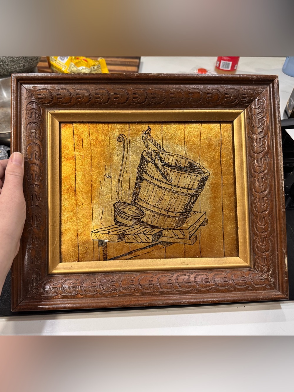 Vintage Rustic Wooden Bucket Art in Ornate Carved Wood Frame